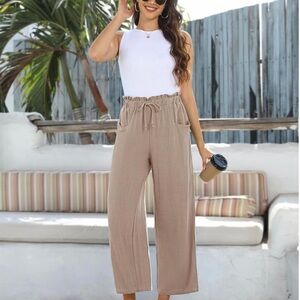 Wide-Leg Drawstring Waist Pants - Taupe